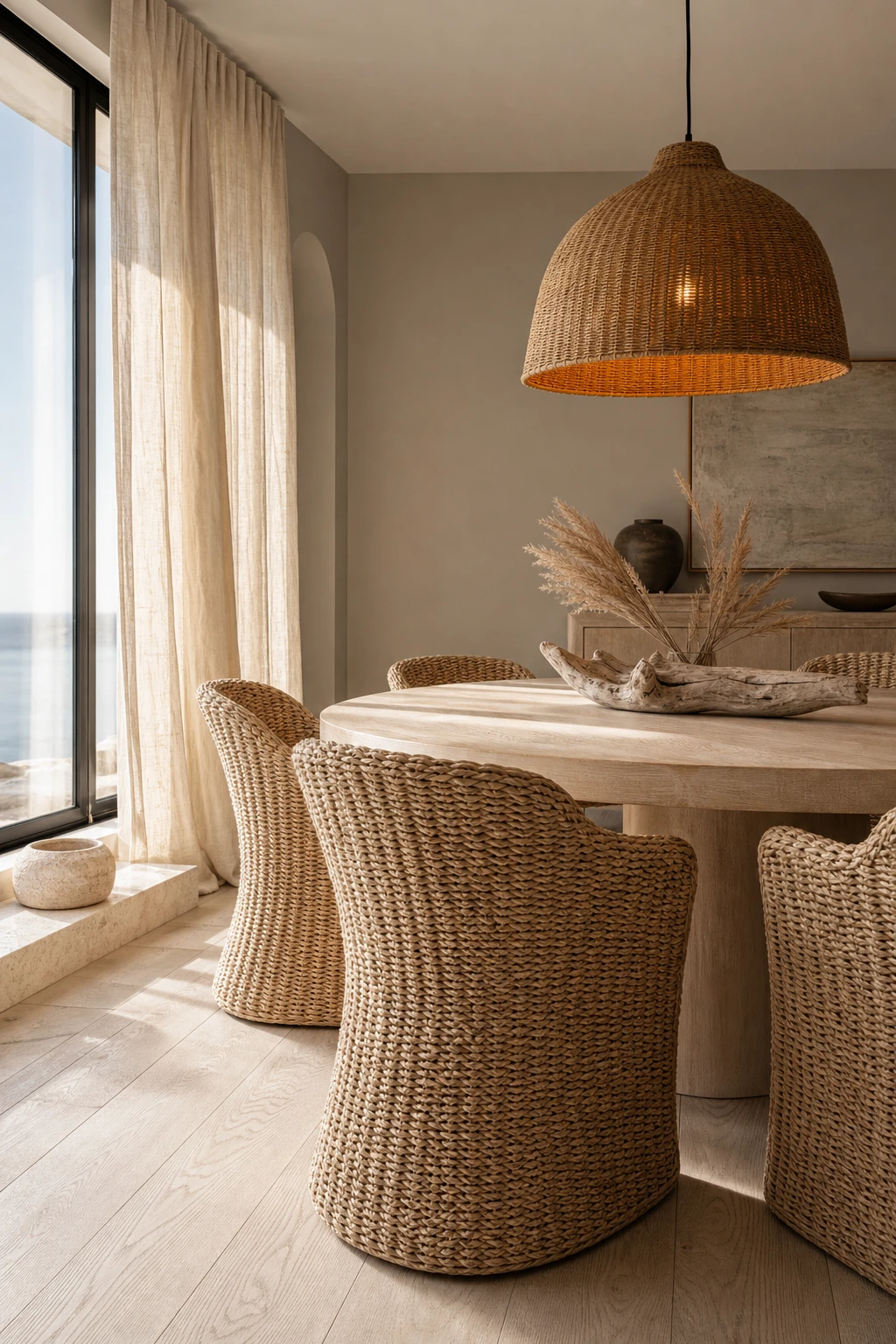 Modern coastal dining room with seagrass chairs around a pale wood table, warm neutral walls, linen drapes, and soft natural light from tall windows