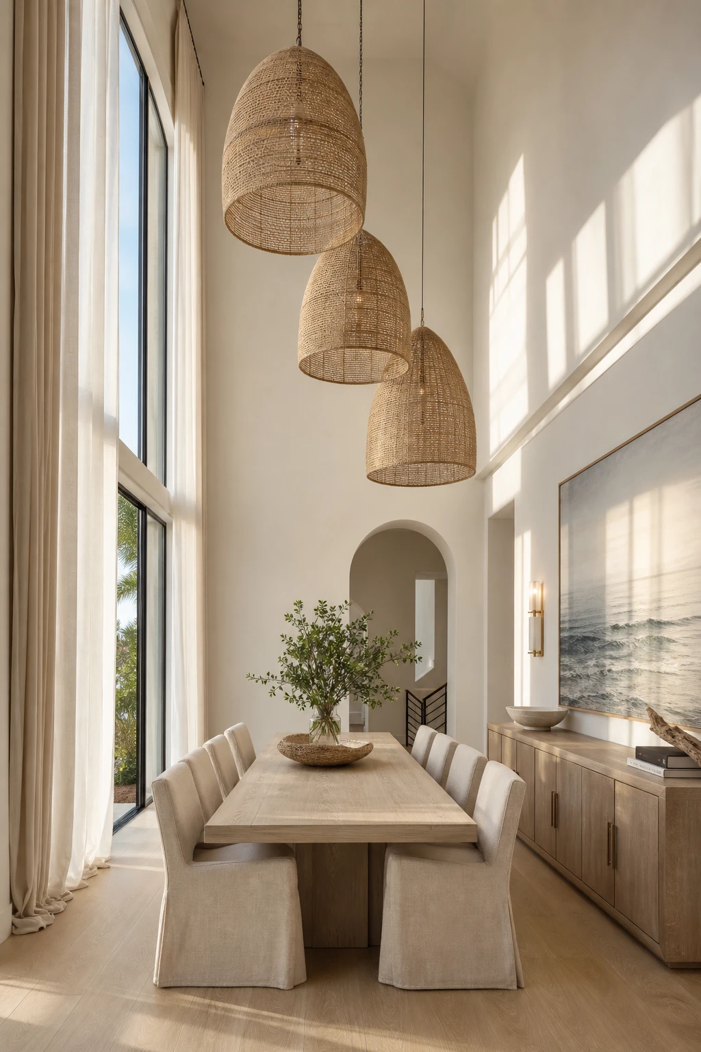 Modern coastal dining room with soaring high ceiling drama, warm white walls, oversized pendant lights, and a long dining table beneath expansive vertical space