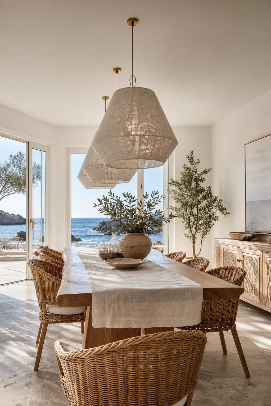Modern coastal dining room with whitewashed walls, a live edge timber table, woven rattan chairs, linen pendants and soft natural light from tall windows facing the sea.