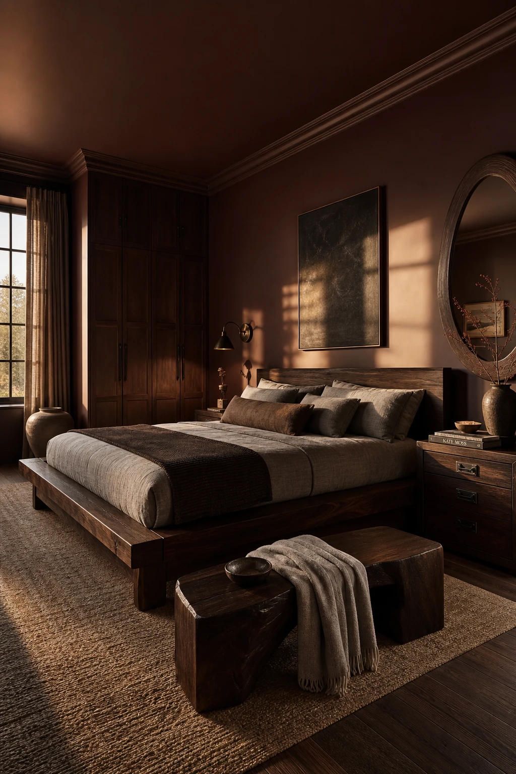 Modern dark luxury master bedroom anchored by dark wood furniture with a low platform bed, tall wardrobe, and Farrow and Ball Mahogany walls in warm evening light