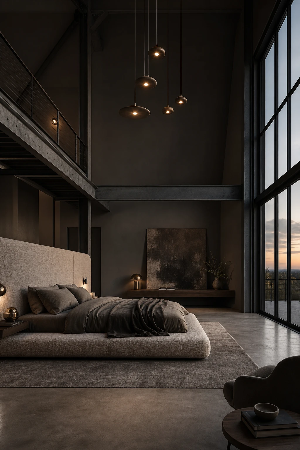 Modern dark luxury master bedroom in a loft space with soaring ceilings painted Lamp Room Gray, featuring dramatic volume tamed by deep moody tones and intimate layered lighting