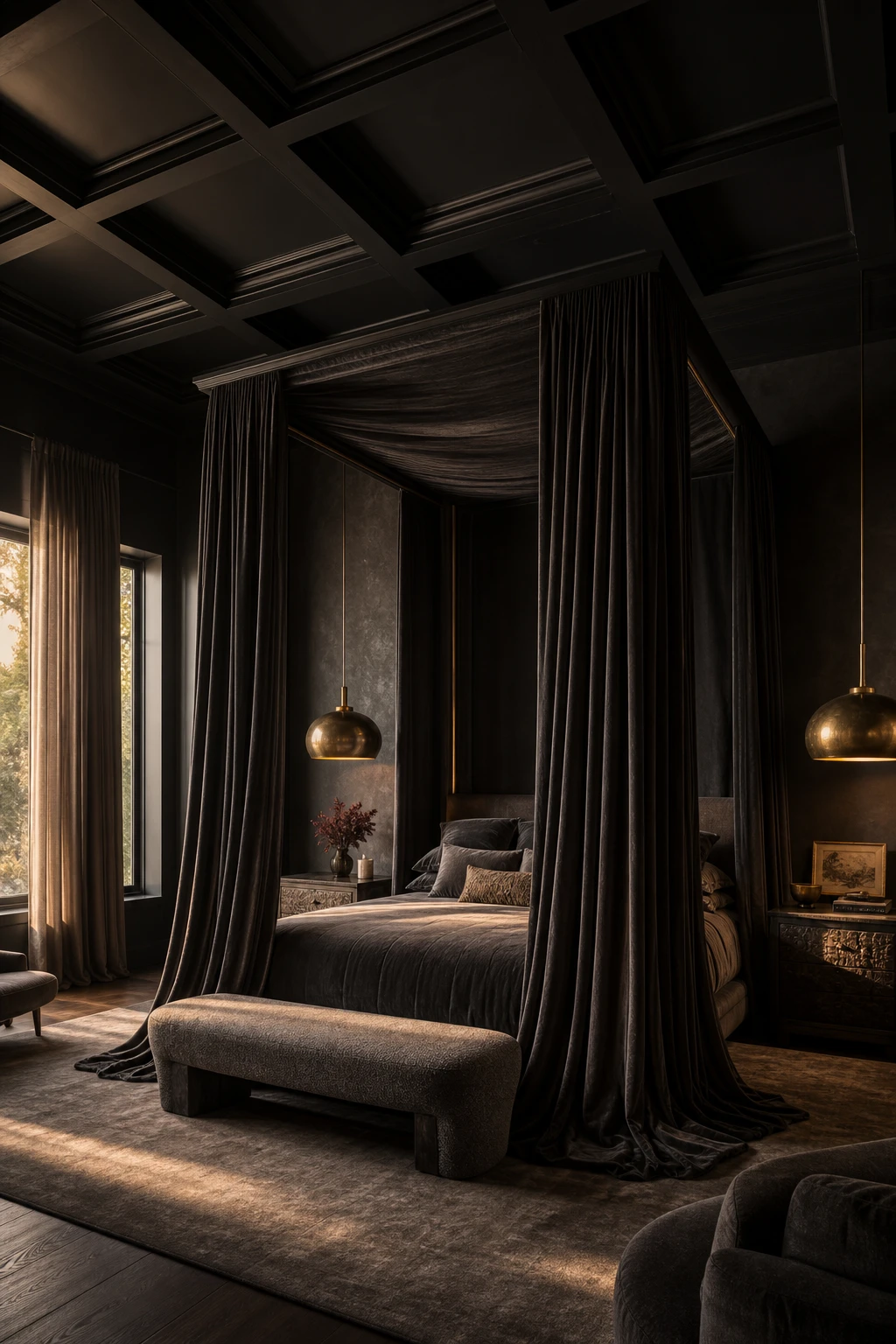 Modern dark luxury master bedroom with a dramatic draped canopy bed as the hero, floor length velvet curtains, coffered ceiling and Paean Black walls