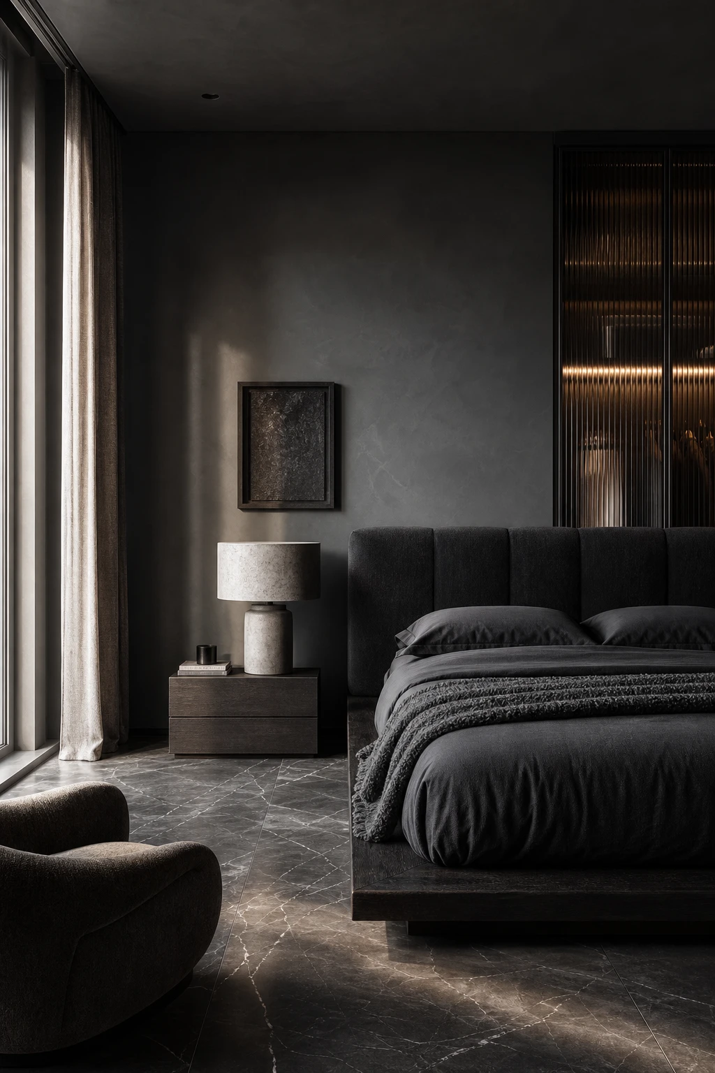 Modern dark luxury master bedroom with a layered dark grey palette, deep charcoal walls, textured bedding, sculptural lighting and rich material accents