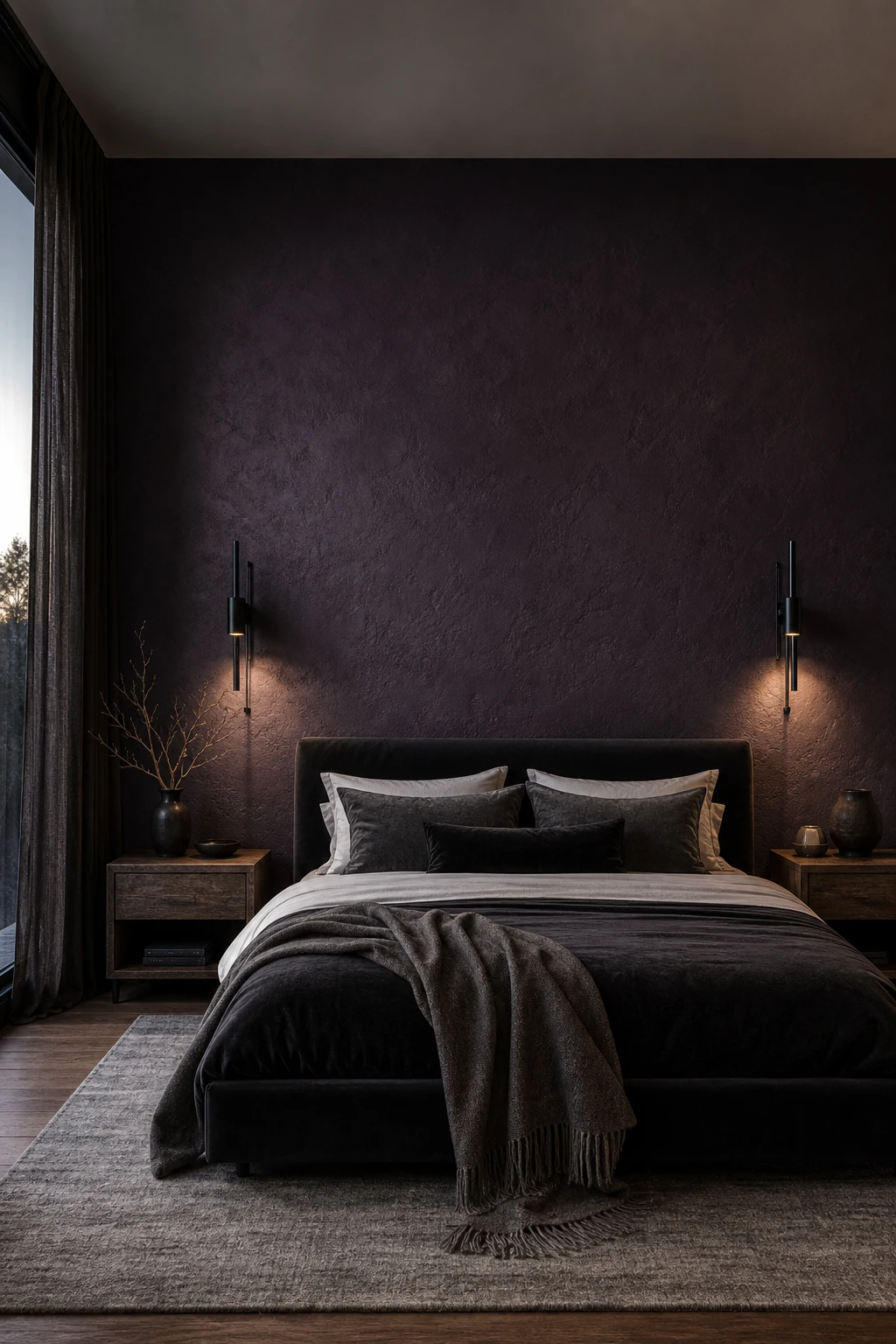 Modern dark luxury master bedroom with a moody deep purple accent wall as the hero, flanked by low profile bedding, sculptural sconces, and rich layered textiles
