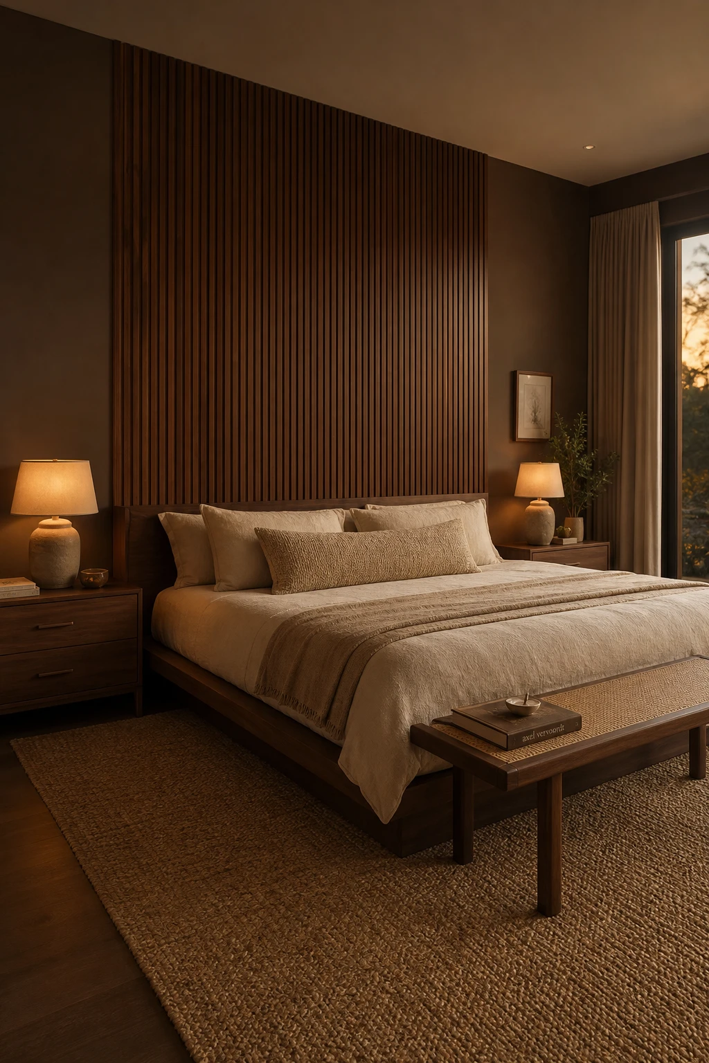 Modern dark luxury master bedroom with beige linen bedding and walnut wood panels, warm evening light, Farrow and Ball Roasted Macadamia walls
