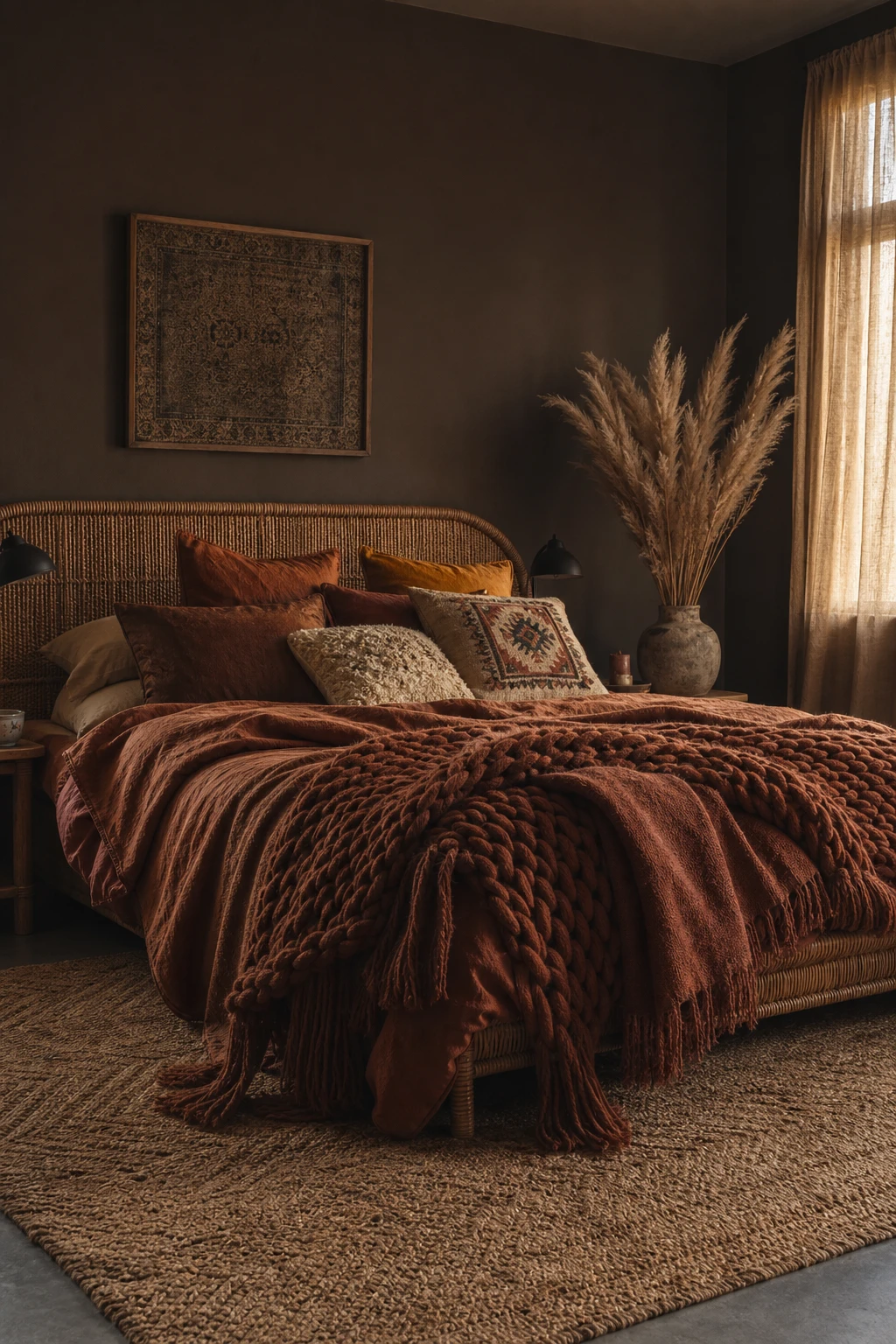 Modern dark luxury master bedroom with boho layered textiles in rich browns and terracotta, walls in Farrow & Ball London Clay paint