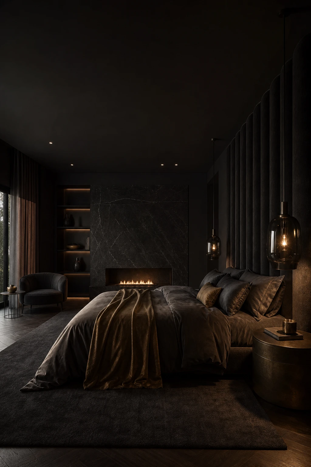 Modern dark luxury master bedroom with deep charcoal walls, a sculptural upholstered bed, layered textiles, and warm ambient lighting creating a rich, enveloping atmosphere.