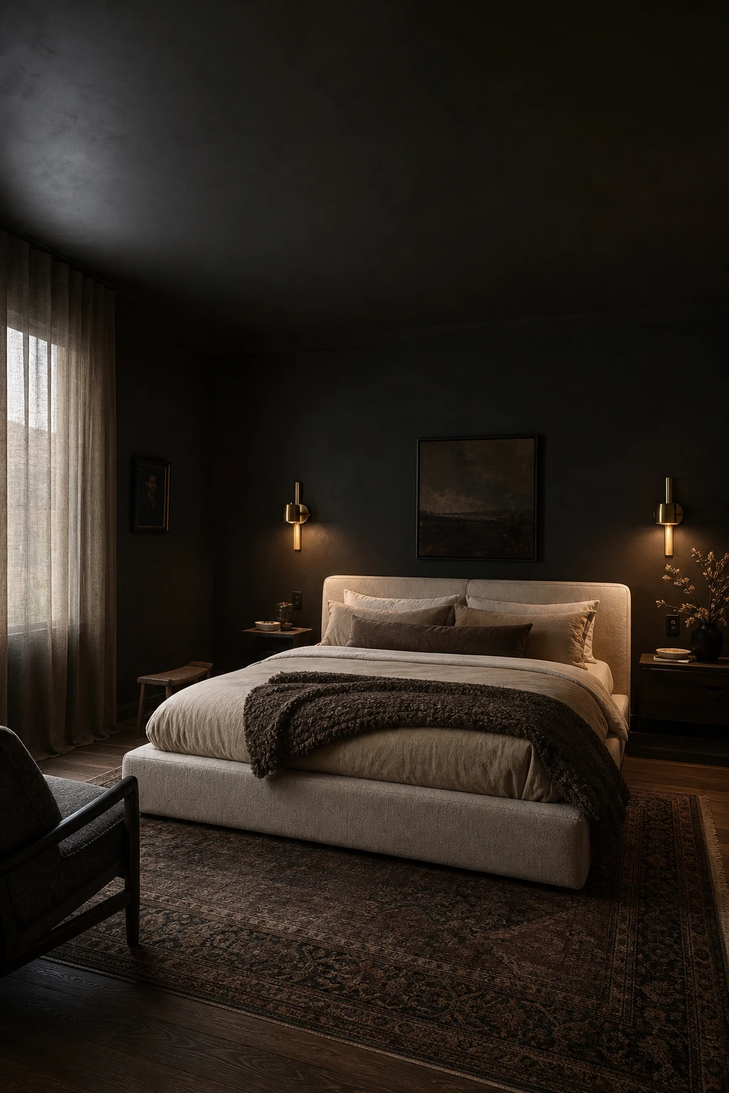 Modern dark luxury master bedroom with deep charcoal walls, upholstered bed, brass sconces, layered textiles and warm ambient lighting creating a moody yet inviting atmosphere