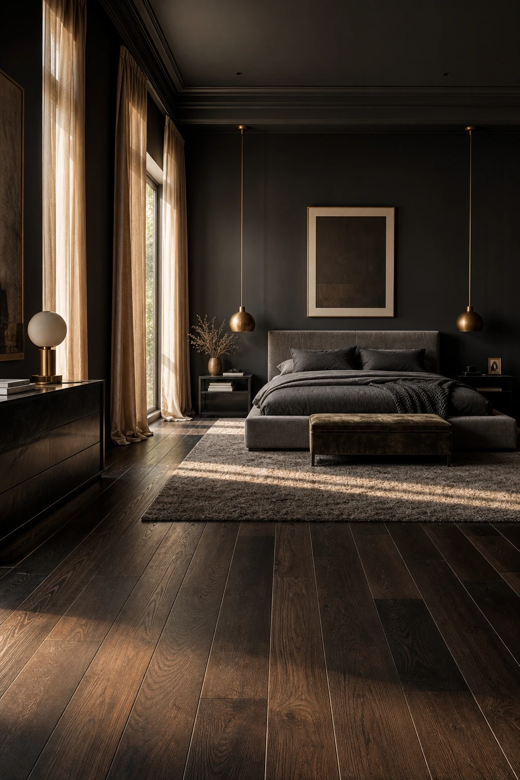 Modern dark luxury master bedroom with deep espresso wide plank hardwood floors anchoring a moody layered scheme of charcoal walls and warm amber lighting