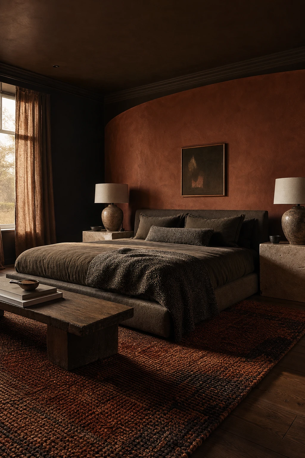 Modern dark luxury master bedroom with earthy dark tones as the hero, layered in deep browns, warm terracotta and forest greens with natural textures and soft evening light