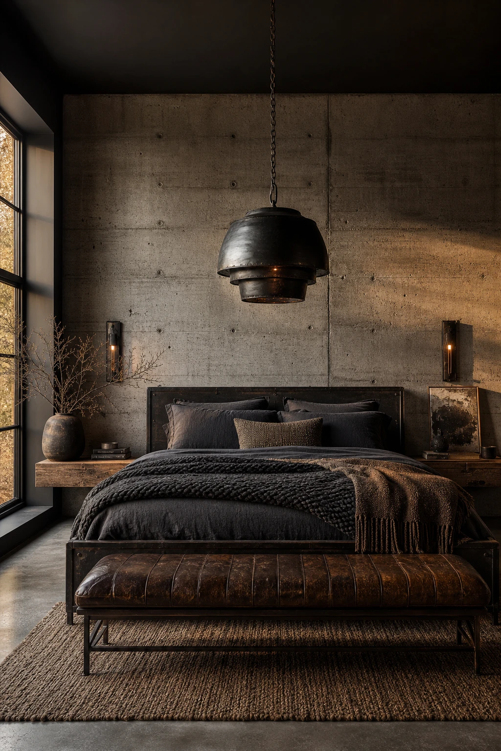 Modern dark luxury master bedroom with exposed concrete wall, aged steel headboard, and rich layered textiles under warm evening light