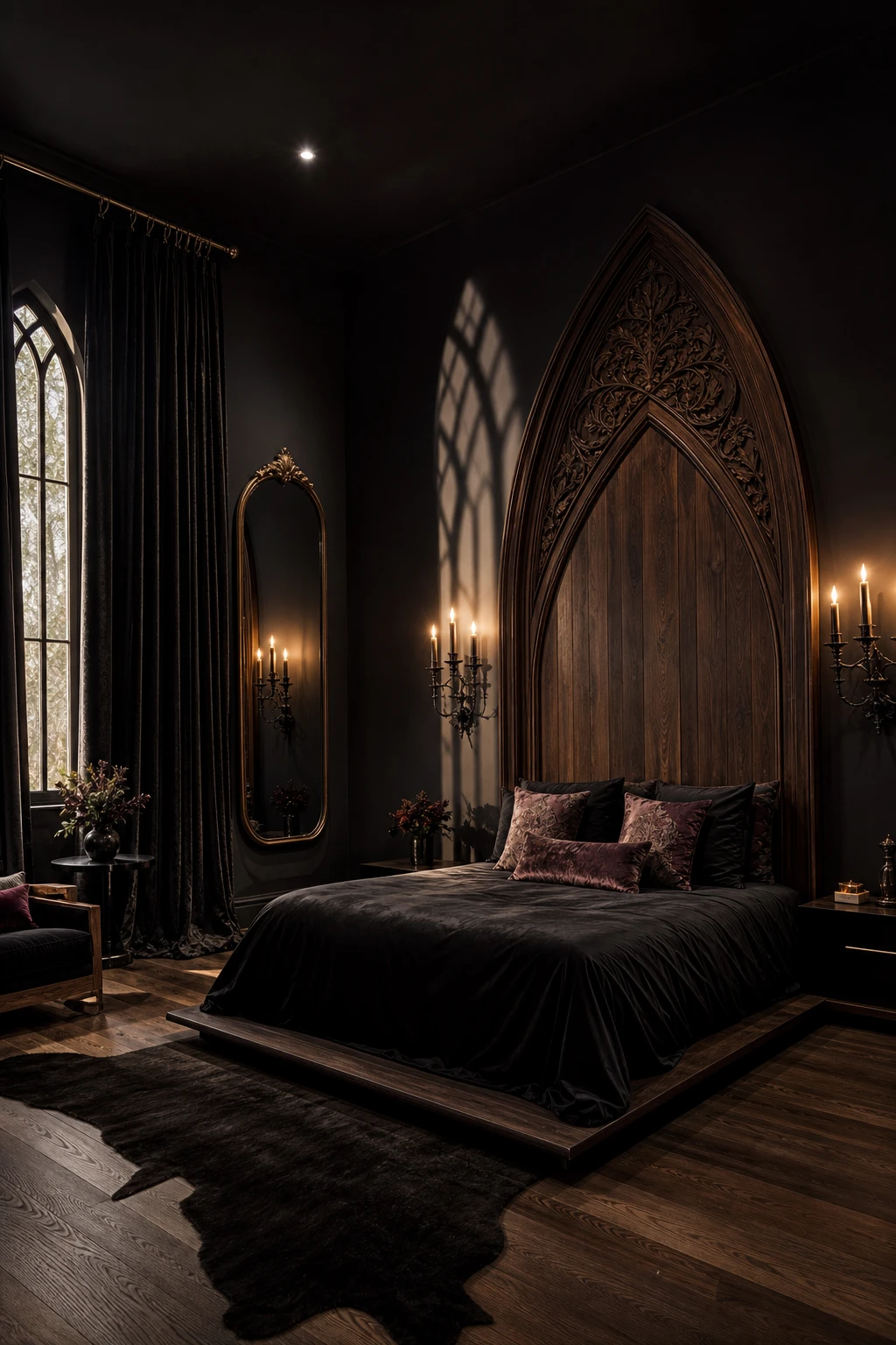 Modern dark luxury master bedroom with gothic drama featuring pointed arch headboard, gargoyle bookends, ribbed velvet drapes, and Farrow & Ball Pitch Black walls