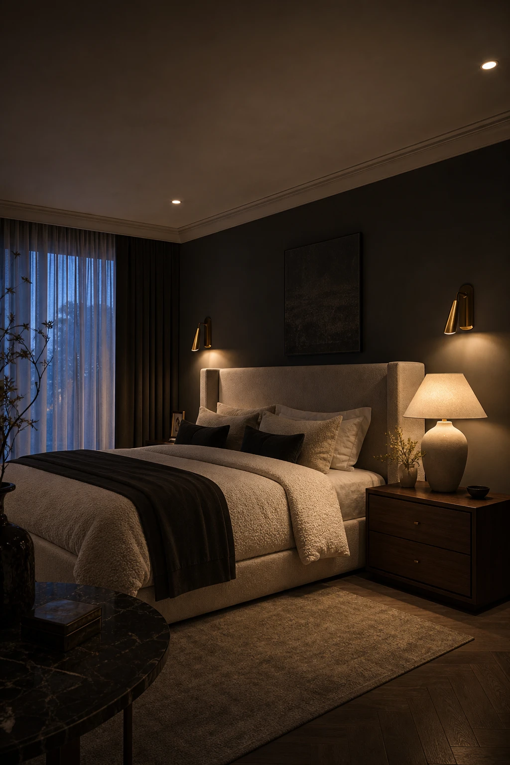 Modern dark luxury master bedroom with layered lighting including recessed ceiling lights, wall sconces, and a bedside table lamp illuminating Farrow and Ball Worsted grey walls