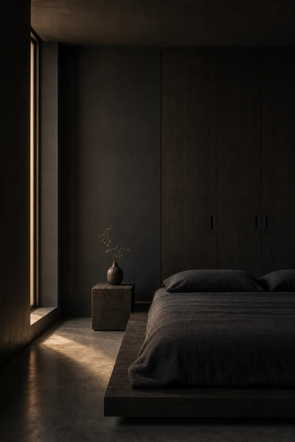 Modern dark luxury master bedroom with minimalist palette featuring deep charcoal walls, low platform bed, and clean architectural lines in soft evening light