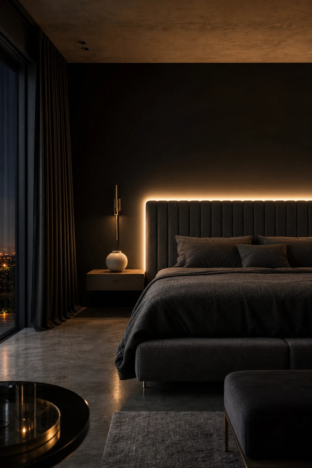 Modern dark luxury master bedroom with neon accent lighting as the hero, deep charcoal walls, upholstered bed, and moody atmospheric glow
