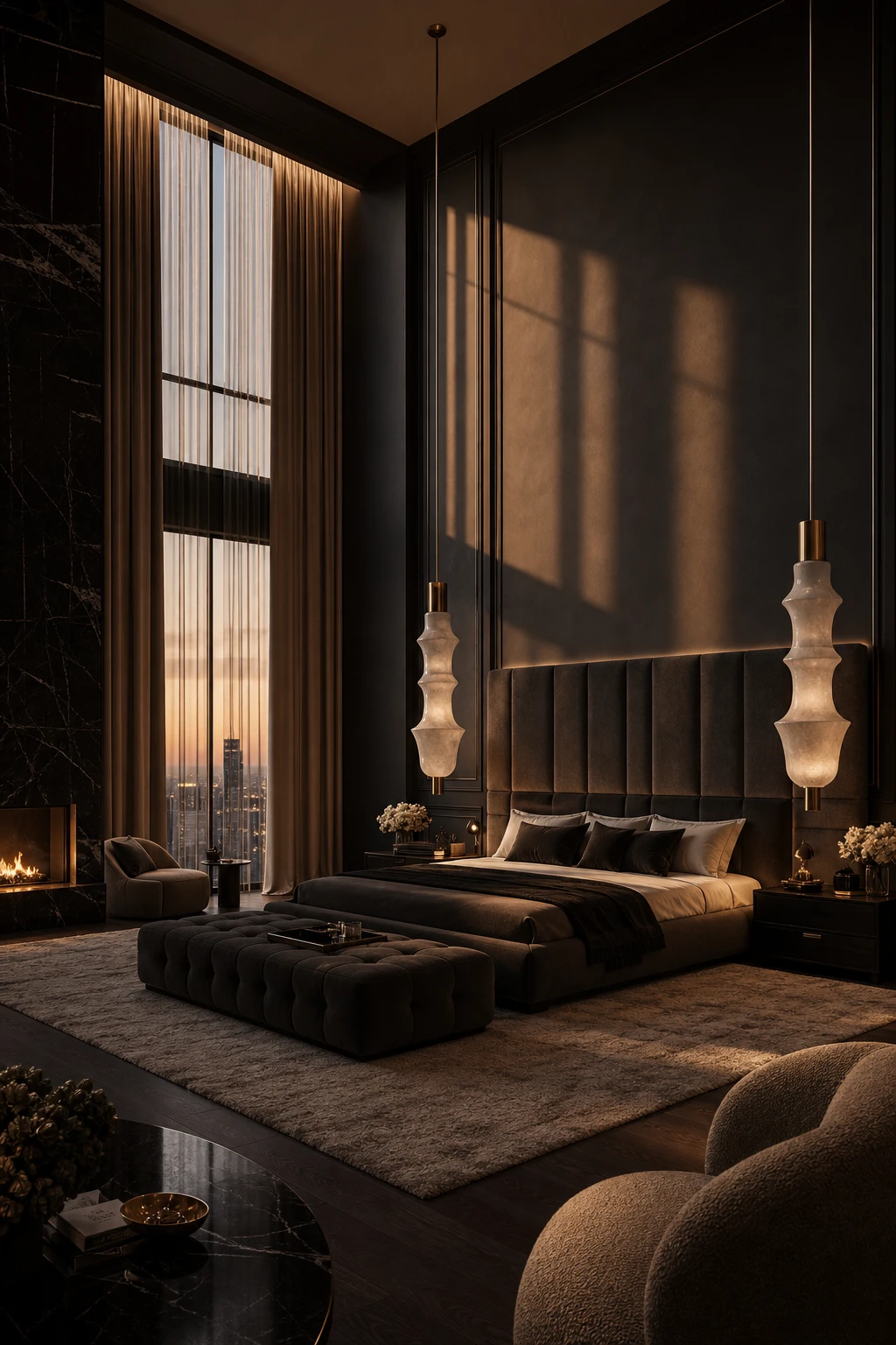 Modern dark luxury master bedroom with penthouse scale double height feature wall in Farrow and Ball Liquorice, grand proportions, floor to ceiling drapery and statement lighting
