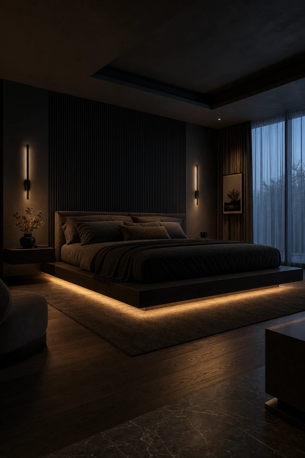 Modern dark luxury master bedroom with under bed LED glow casting a warm amber light across a dark hardwood floor beneath a floating platform bed