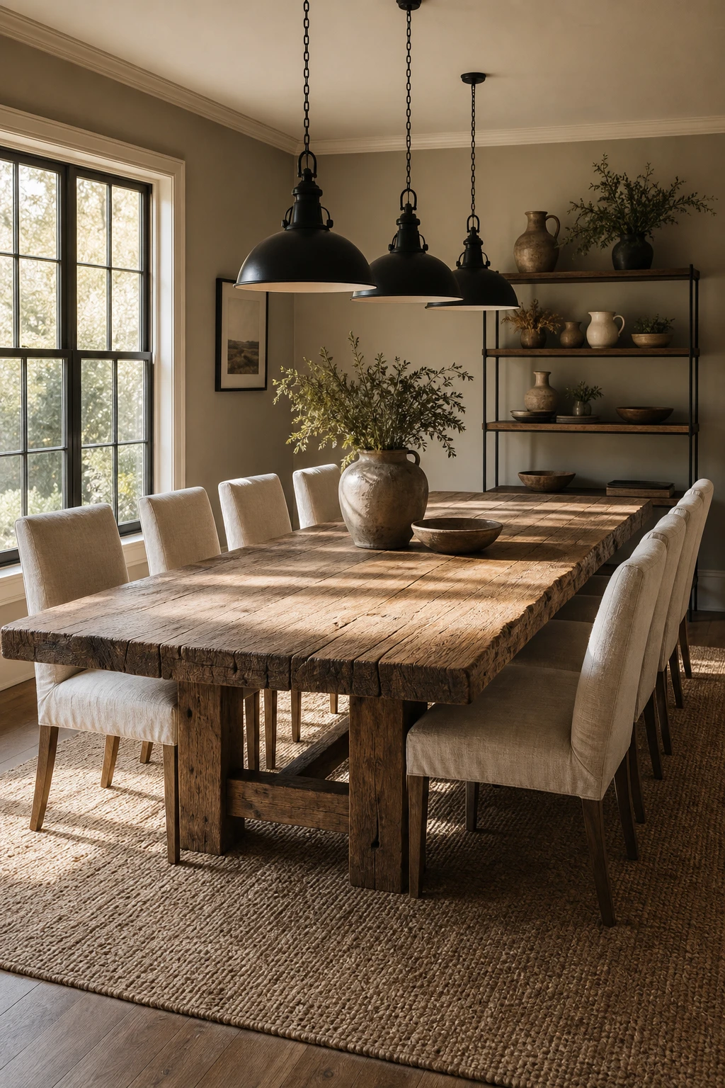 Modern farmhouse dining room centered on a long reclaimed wood table with warm neutral walls, black pendant lights, linen chairs, and a jute rug beneath