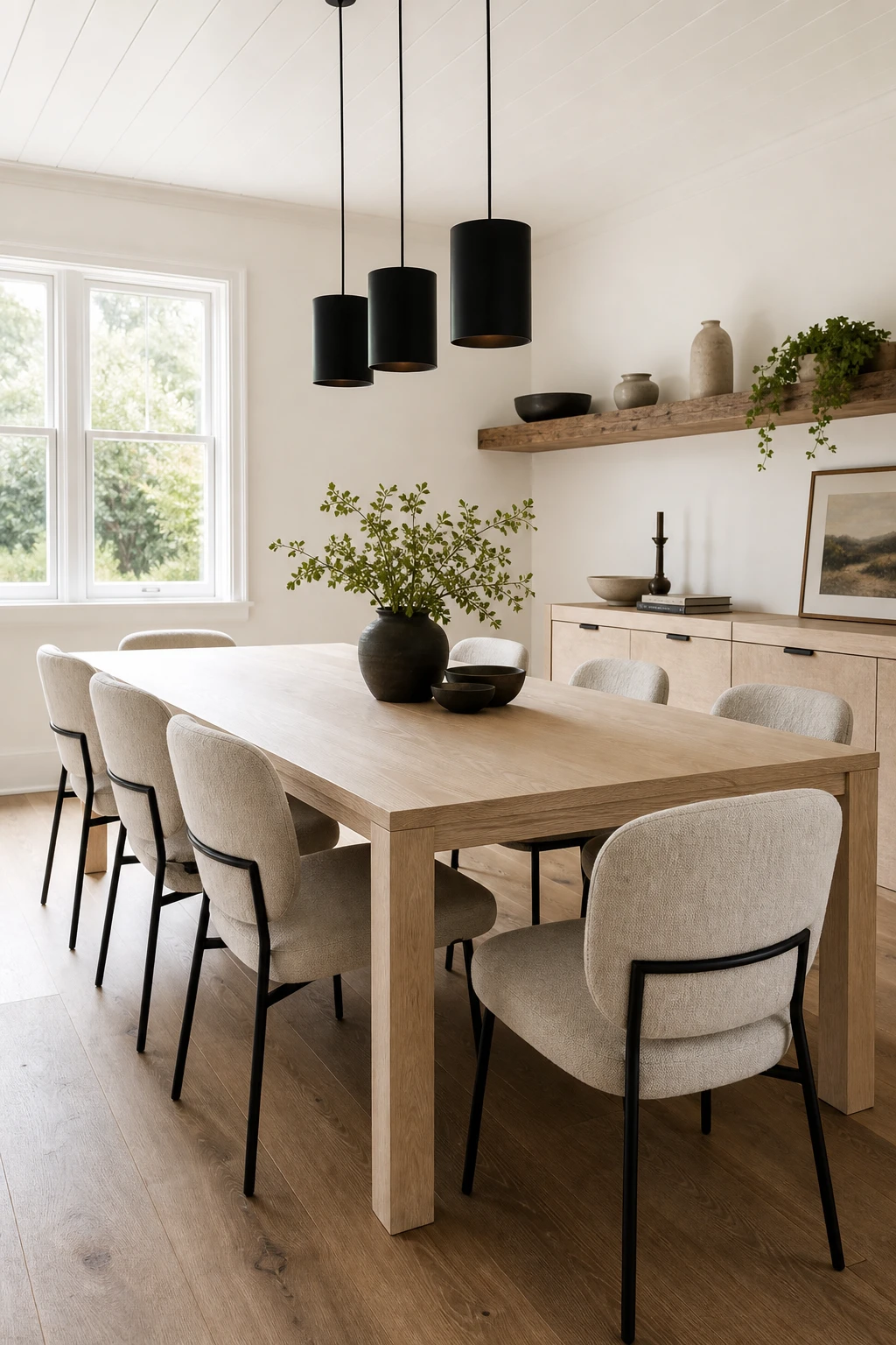 Modern farmhouse dining room centered on a white oak table with warm white walls, black pendant lights, linen chairs, and wide plank flooring in natural light