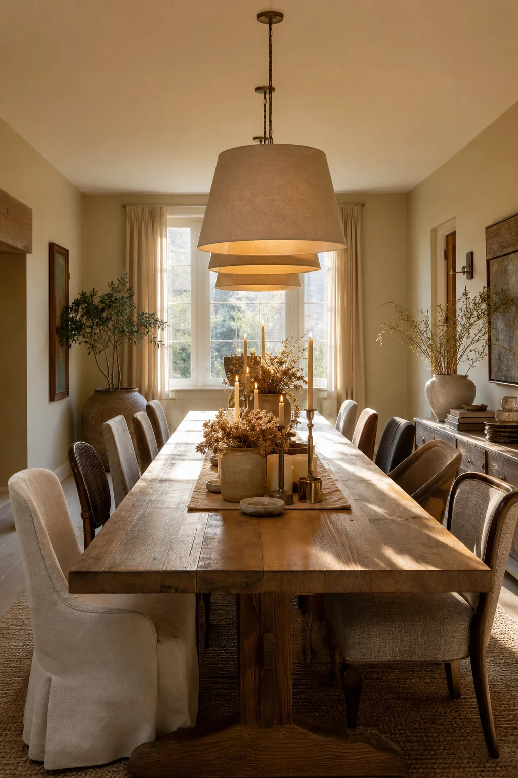 Modern farmhouse dining room centred on a long harvest table styled with clustered centrepieces, warm pendant lighting, and Farrow & Ball Slipper Satin walls