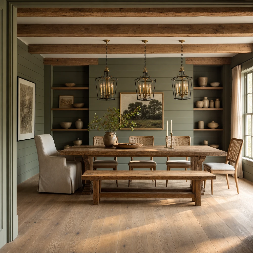 Modern farmhouse dining room with a reclaimed wood table, cane chairs, a timber bench, sage green shiplap walls, exposed ceiling beams, and three iron chandeliers in warm afternoon light.
