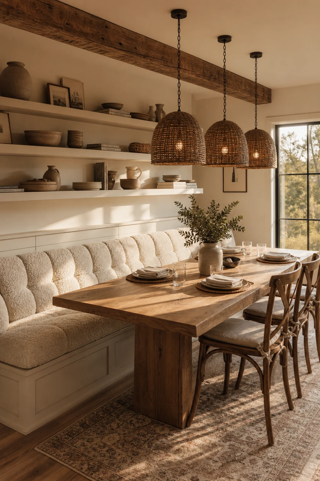 Modern farmhouse dining room with a built in banquette upholstered in cream boucle, a farmhouse table, pendant lighting, and Skimmed Milk White walls