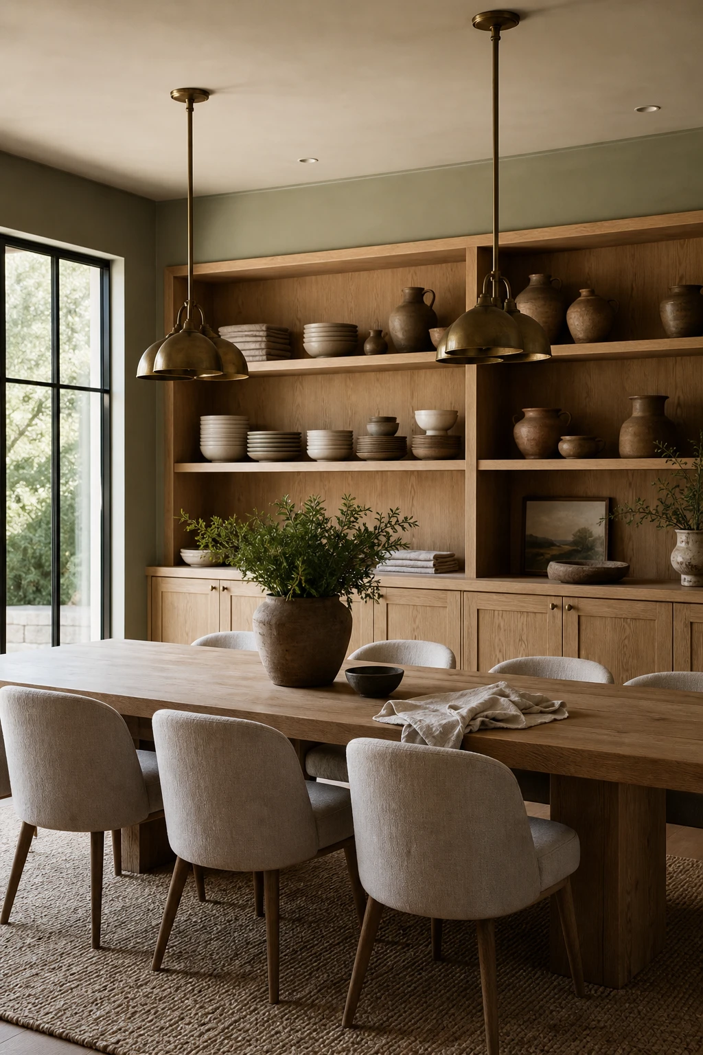 Modern farmhouse dining room with a built in oak cabinet as the hero, flanked by a long dining table, pendant lighting, and sage green walls painted in Farrow and Ball Lichen