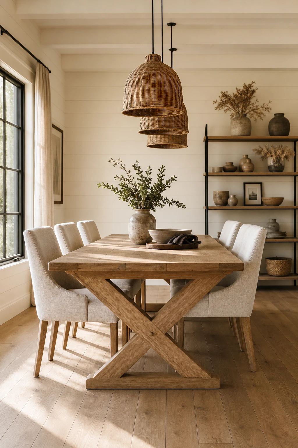 Modern farmhouse dining room with a cross leg base dining table in warm neutral tones, styled with linen chairs, pendant lighting, and shiplap walls painted in Farrow and Ball Tallow