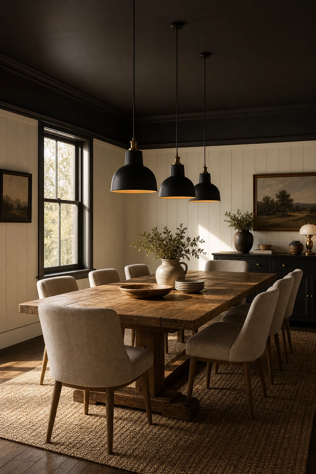Modern Farmhouse Dining Room with a dark ceiling painted Down Pipe grey anchoring a warm intimate space above a long wooden dining table