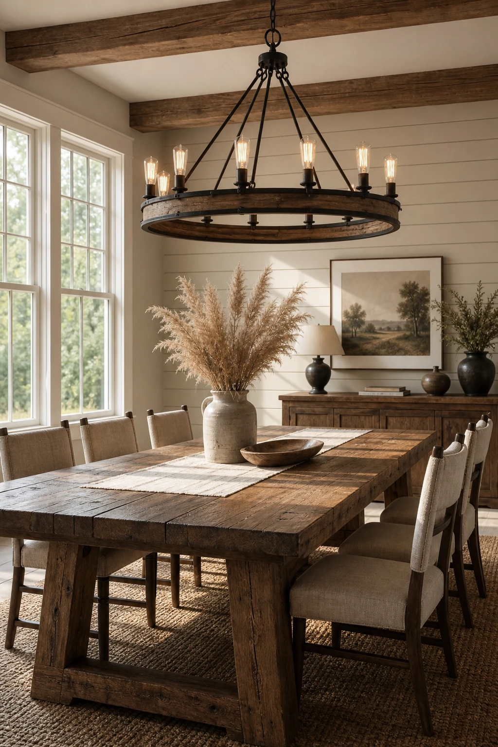 Modern farmhouse dining room with a large classic farmhouse chandelier as the hero, warm neutral walls, long plank dining table, linen chairs, and shiplap accent wall