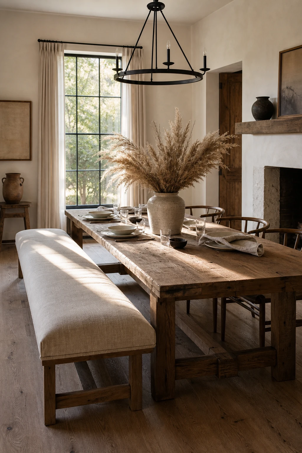 Modern farmhouse dining room with a long upholstered bench on one side of a reclaimed wood table, warm afternoon light, Joas White painted walls