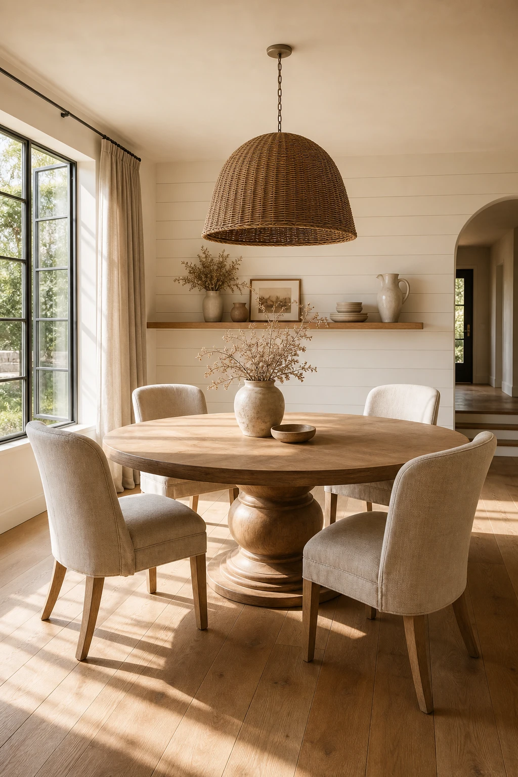 Modern farmhouse dining room with a round table as the hero, warm white Clunch walls, linen chairs, a woven pendant light and wide plank oak floors