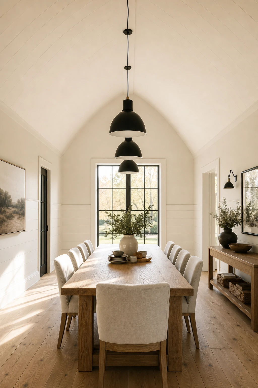 Modern farmhouse dining room with a shallow vaulted ceiling painted Farrow & Ball All White, a long oak table, black pendants, and shiplap walls