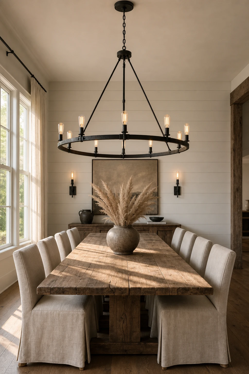 Modern farmhouse dining room with a statement chandelier as hero, long plank table, linen chairs, shiplap wall in Farrow and Ball Bone paint, warm evening light