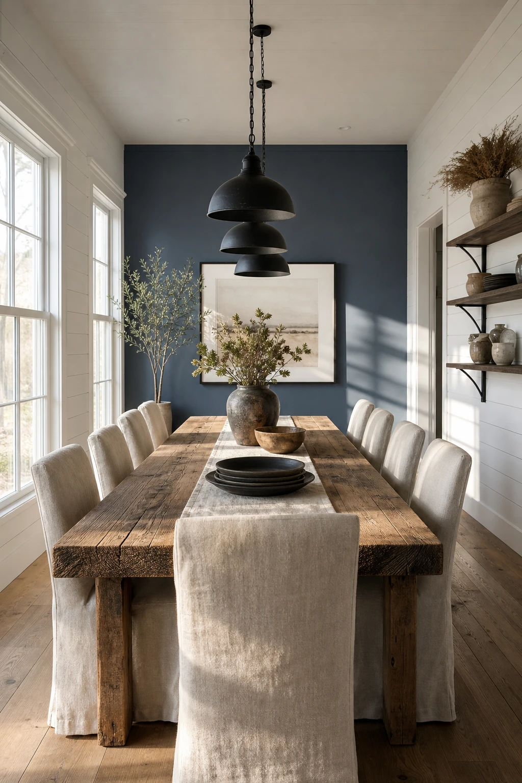 Modern farmhouse dining room with a Stone Blue accent wall behind a raw wood table, black pendant lights, linen chairs, and shiplap detail in warm afternoon light