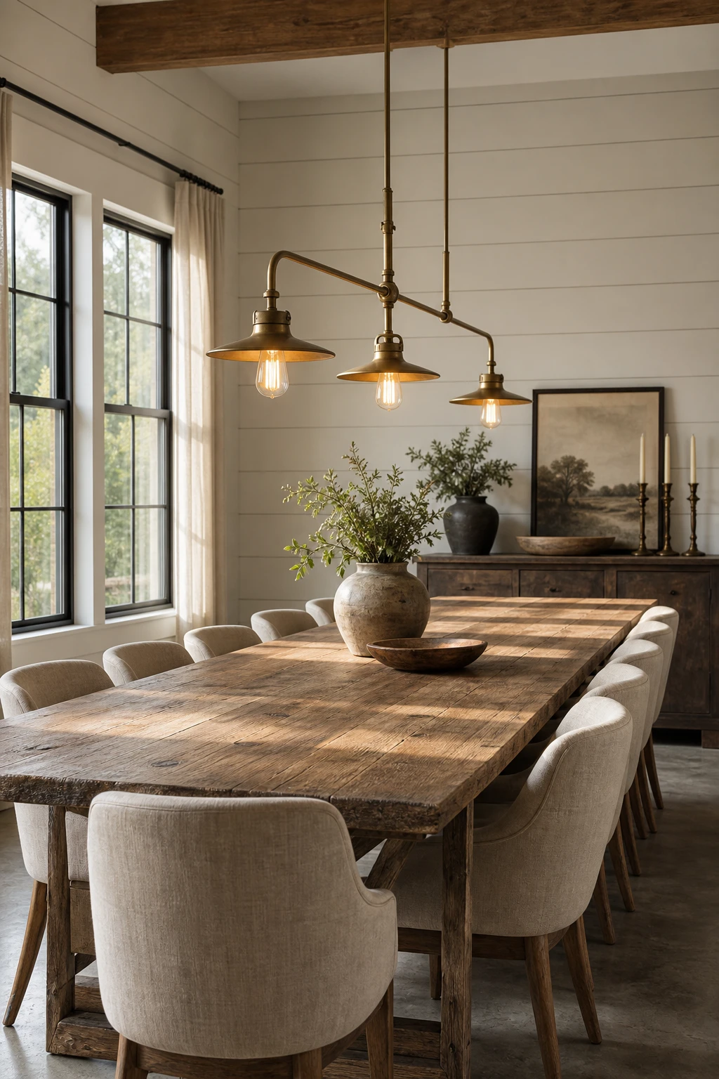 Modern farmhouse dining room with a three light chandelier centered over a long reclaimed wood table, walls in Farrow and Ball Hardwick White