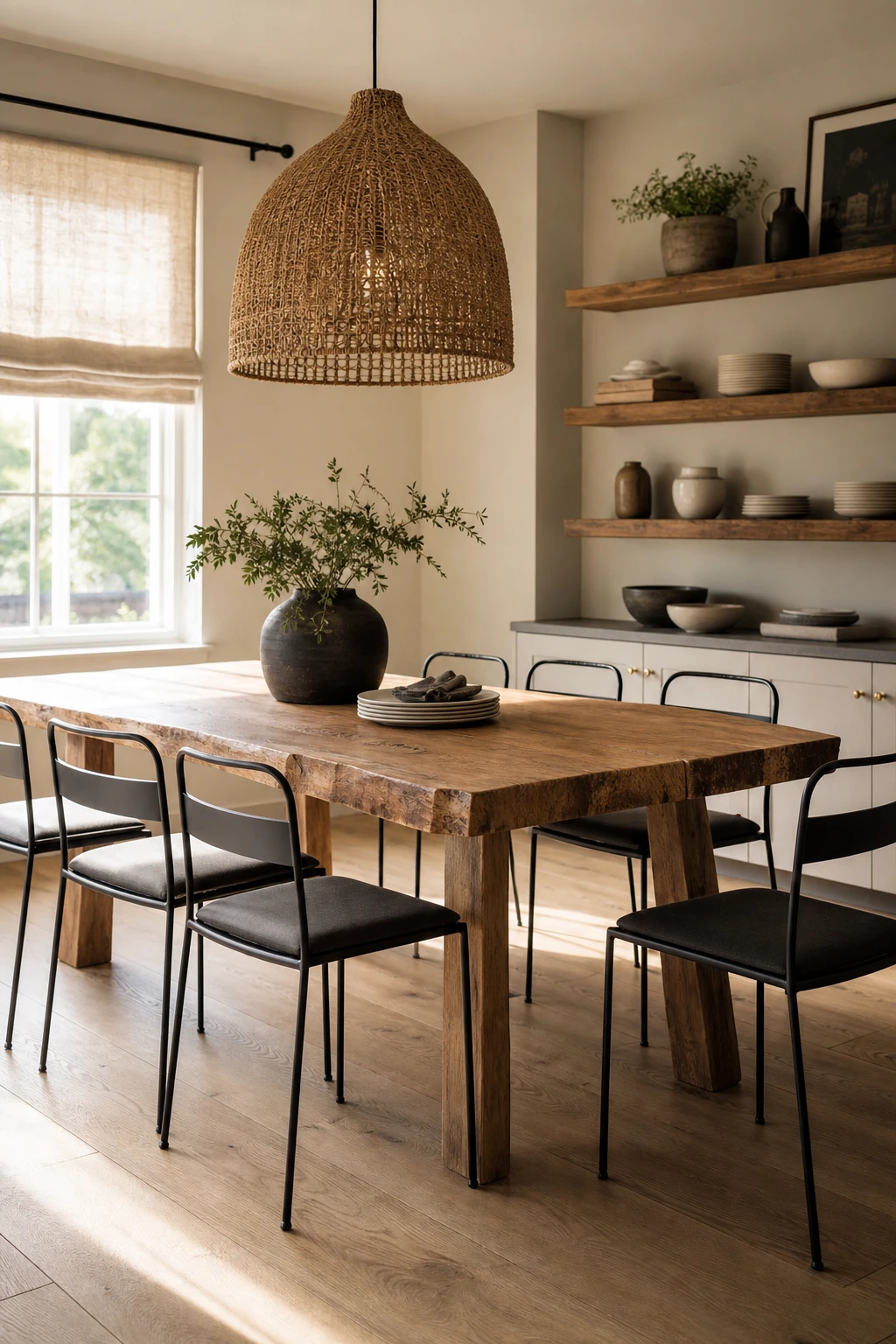 Modern farmhouse dining room with balanced contrast between raw wood table and sleek modern chairs, warm afternoon light, Skimming Stone walls
