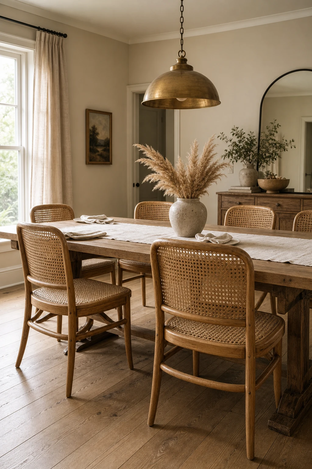 Modern farmhouse dining room with cane chairs as the hero, a long dining table, warm neutral walls, pendant lighting, and natural textures throughout