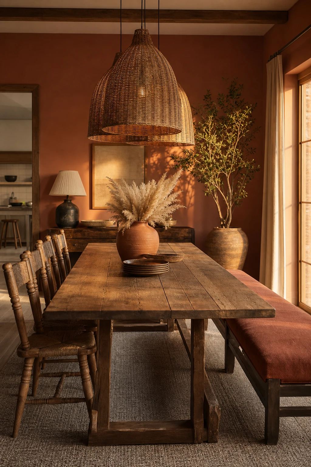 Modern Farmhouse Dining Room with earth tones as the hero, featuring ochre walls, a clay linen bench, reclaimed wood table, and warm pendant lighting