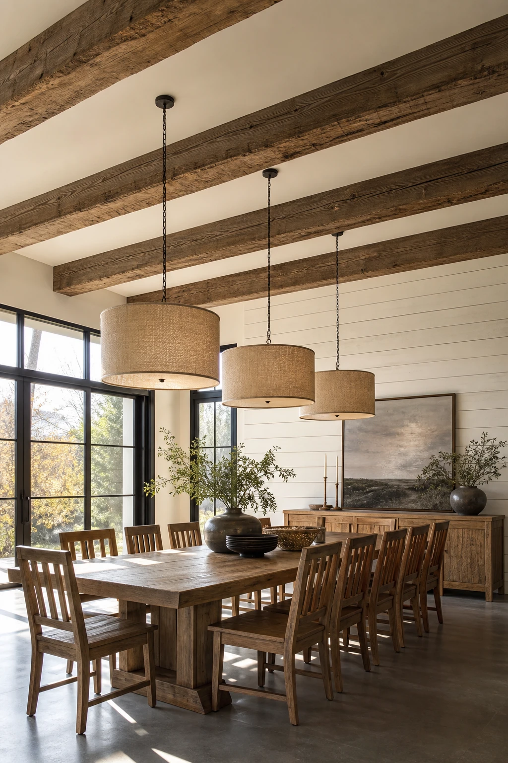 Modern farmhouse dining room with exposed ceiling beams as hero, long oak table, linen pendants, shiplap accent wall in warm neutral tones, natural afternoon light