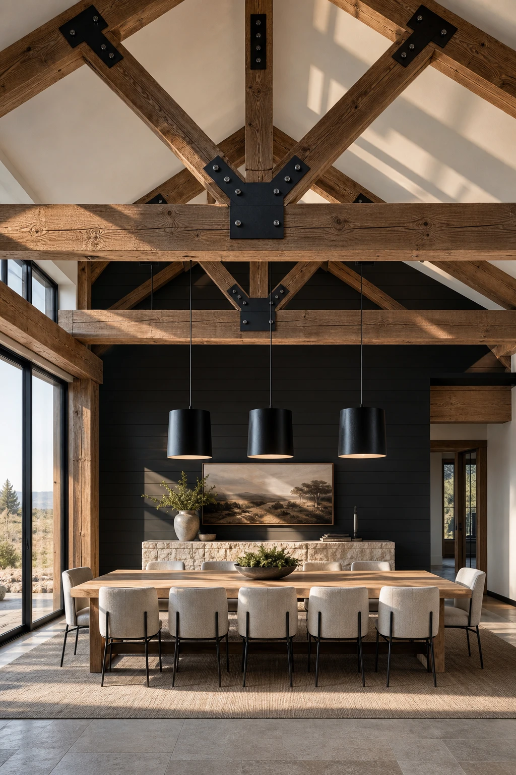 Modern farmhouse dining room with exposed wood trusses as hero overhead feature, long oak table, black steel pendant lights, and Farrow and Ball Off Black painted shiplap accent wall