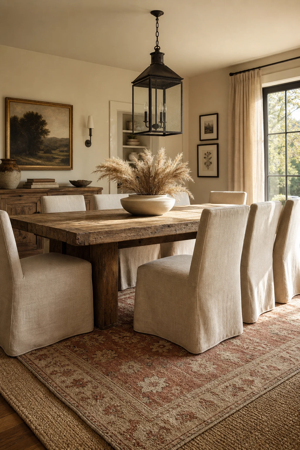 Modern farmhouse dining room with layered rugs under a wooden dining table, warm natural light, Farrow and Ball Dorset Cream walls, relaxed textural styling