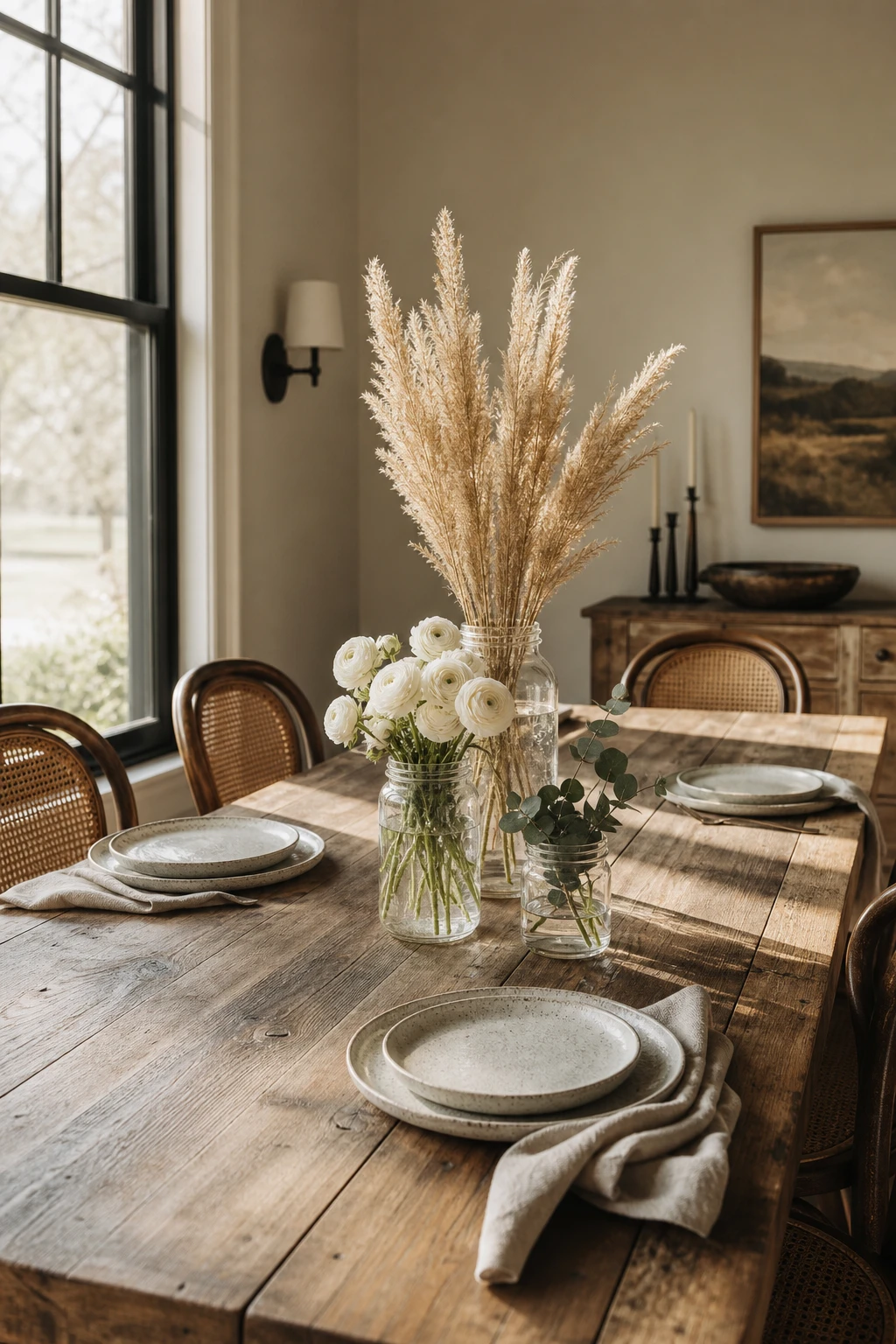 Modern farmhouse dining room with mason jar centrepieces grouped at varied heights on a reclaimed wood table, walls in Farrow & Ball Straw paint