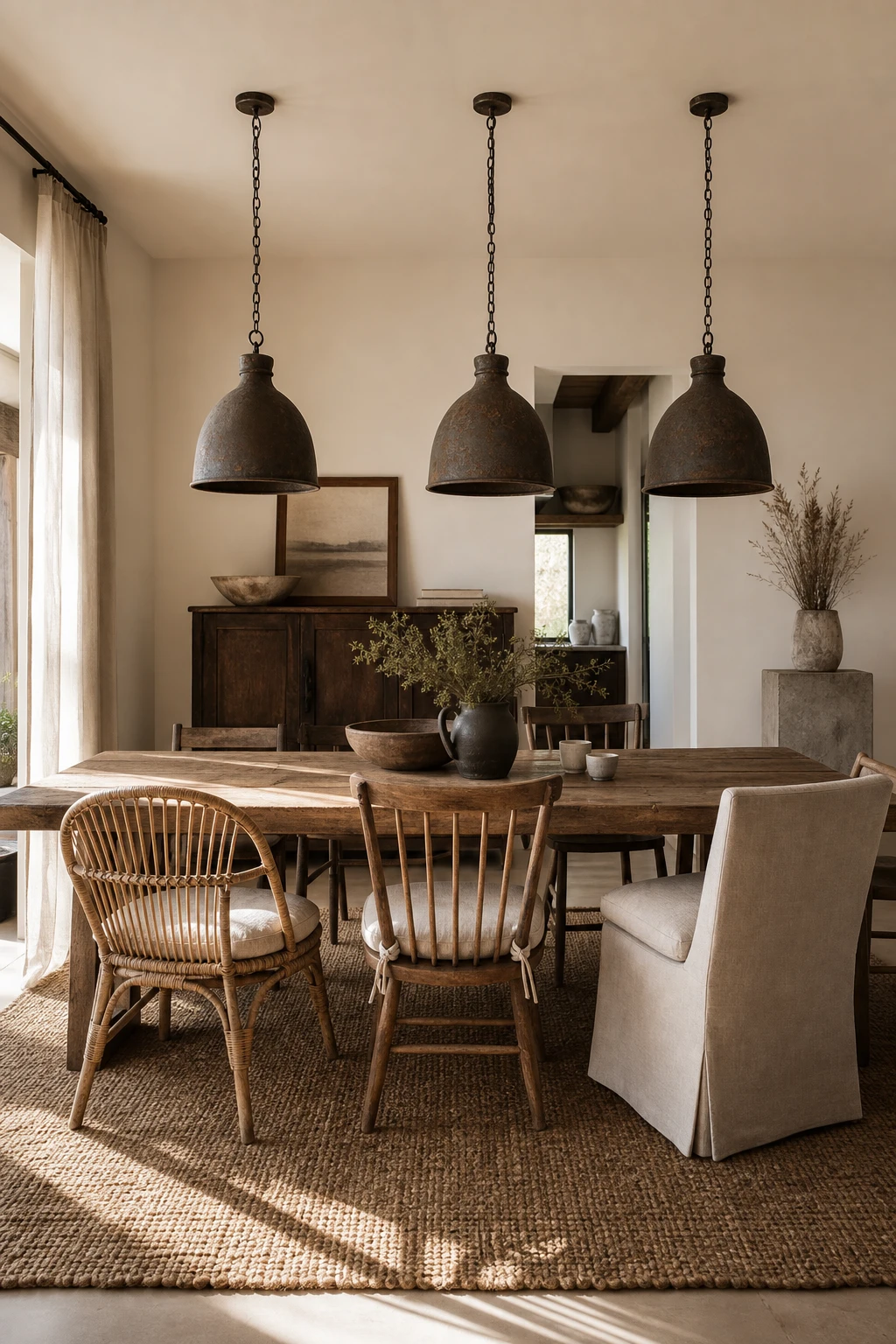 Modern farmhouse dining room with mismatched chairs around a long wood table, unified by matching natural linen seats, warm afternoon light, Shadow White walls