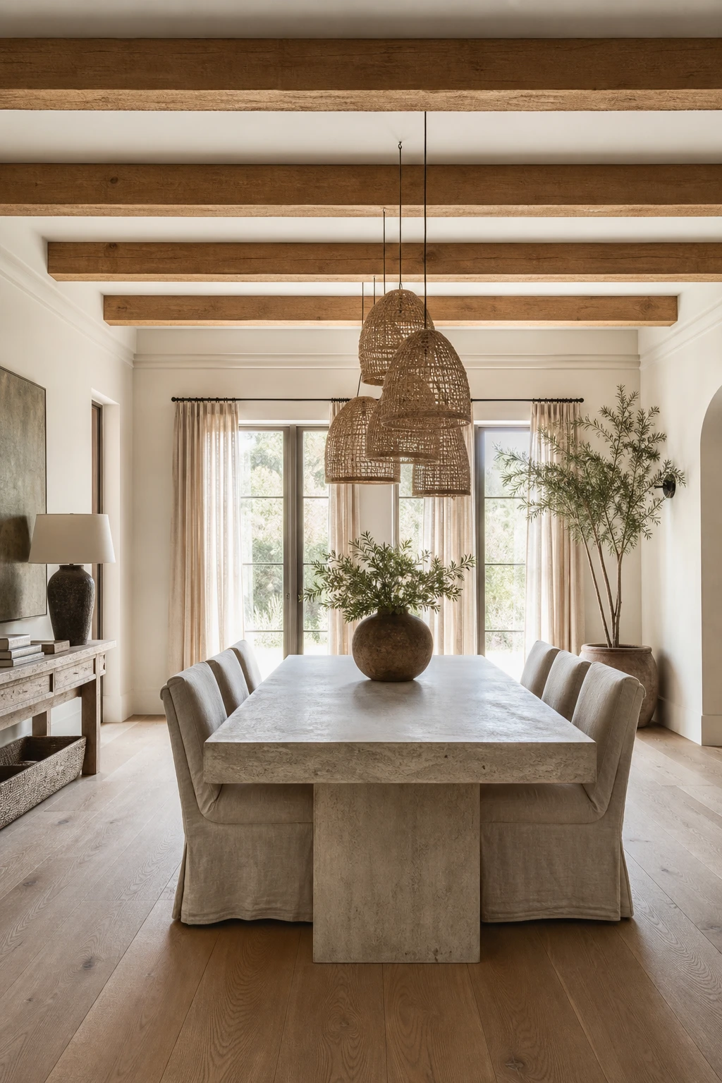 Modern Farmhouse Dining Room with natural materials as the hero, featuring a stone table, linen chairs, unfinished wood ceiling beams and warm neutral walls