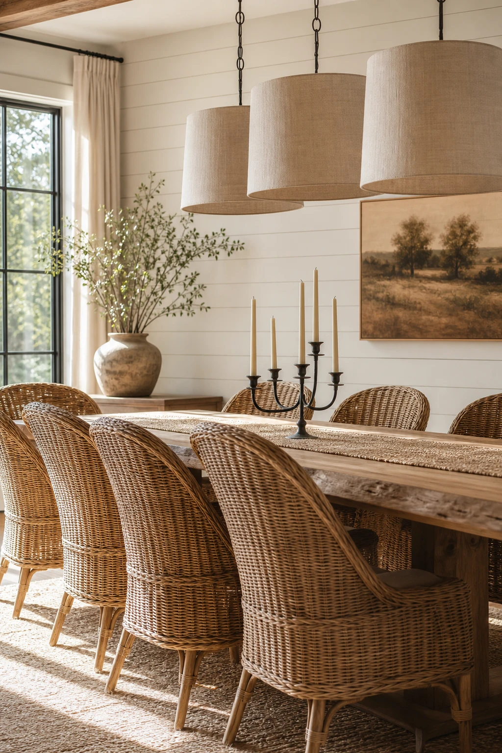 Modern farmhouse dining room with rattan chairs as the hero, a raw wood table, linen pendant light, shiplap wall in Old White paint, and warm afternoon light