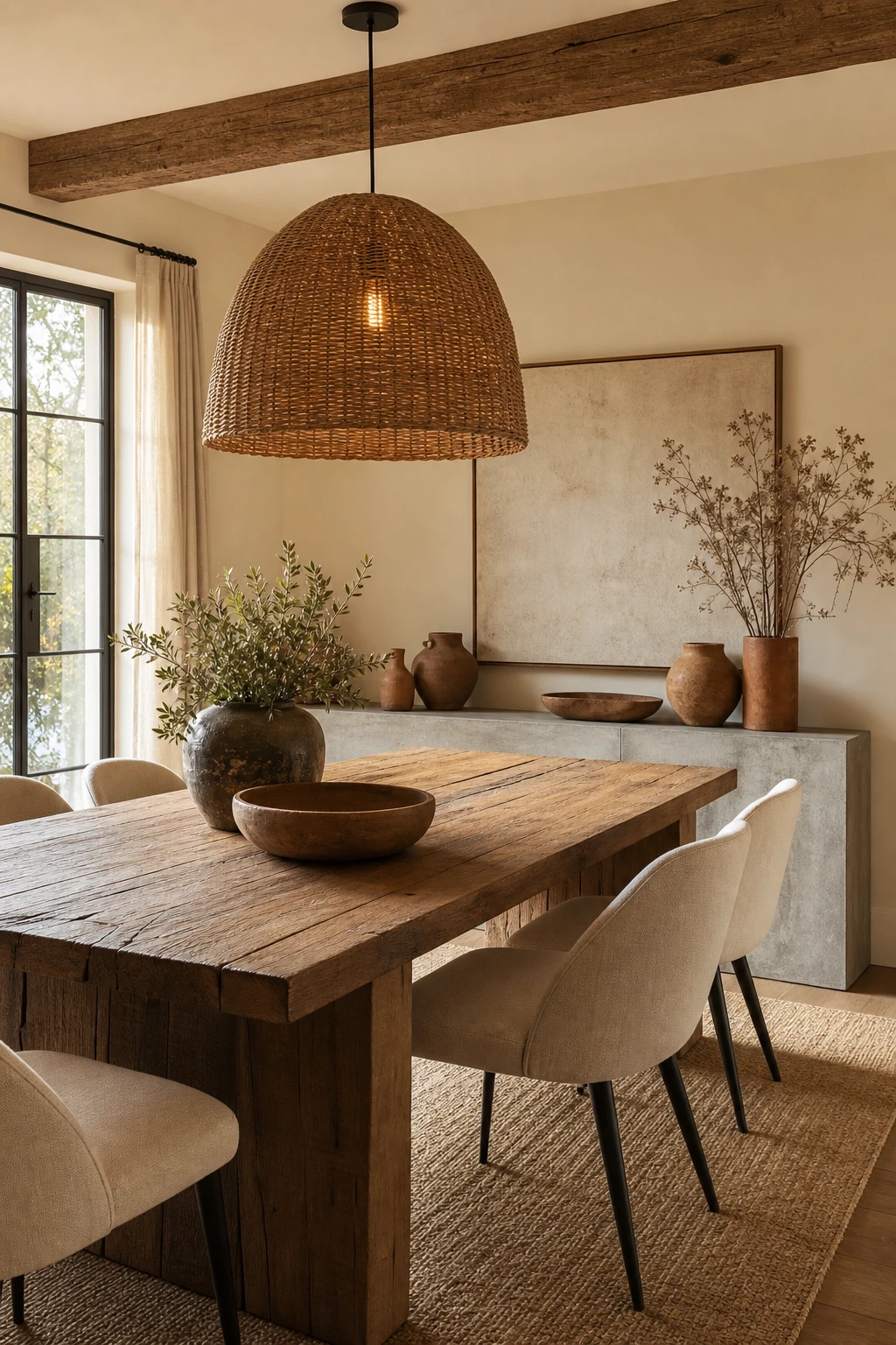 Modern farmhouse dining room with rustic warmth from reclaimed wood table and exposed beam ceiling painted in Farrow and Ball Dimity warm neutral tones