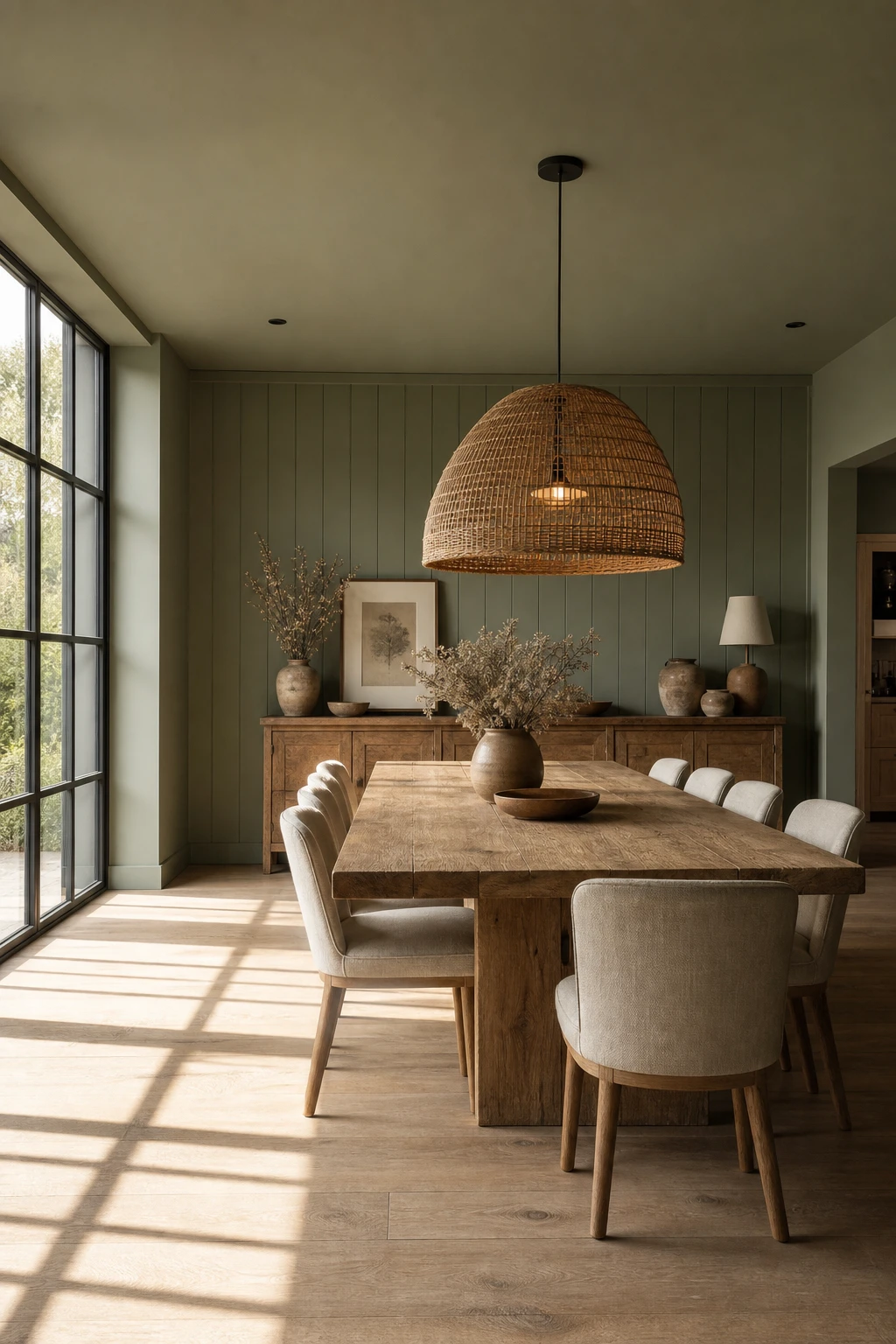 Modern farmhouse dining room with sage green walls painted in Farrow and Ball Mizzle, a raw oak dining table, linen chairs, rattan pendant and wide plank floors