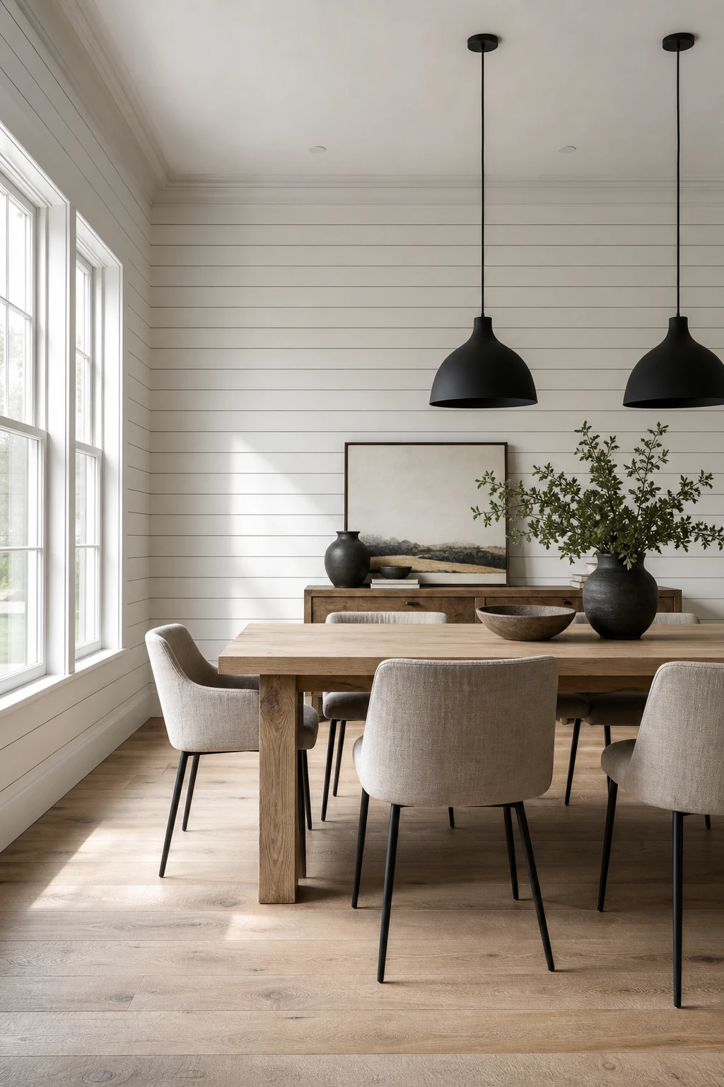 Modern farmhouse dining room with shiplap walls painted Great White, a long oak dining table, black pendant lights, linen chairs, and natural light from tall windows