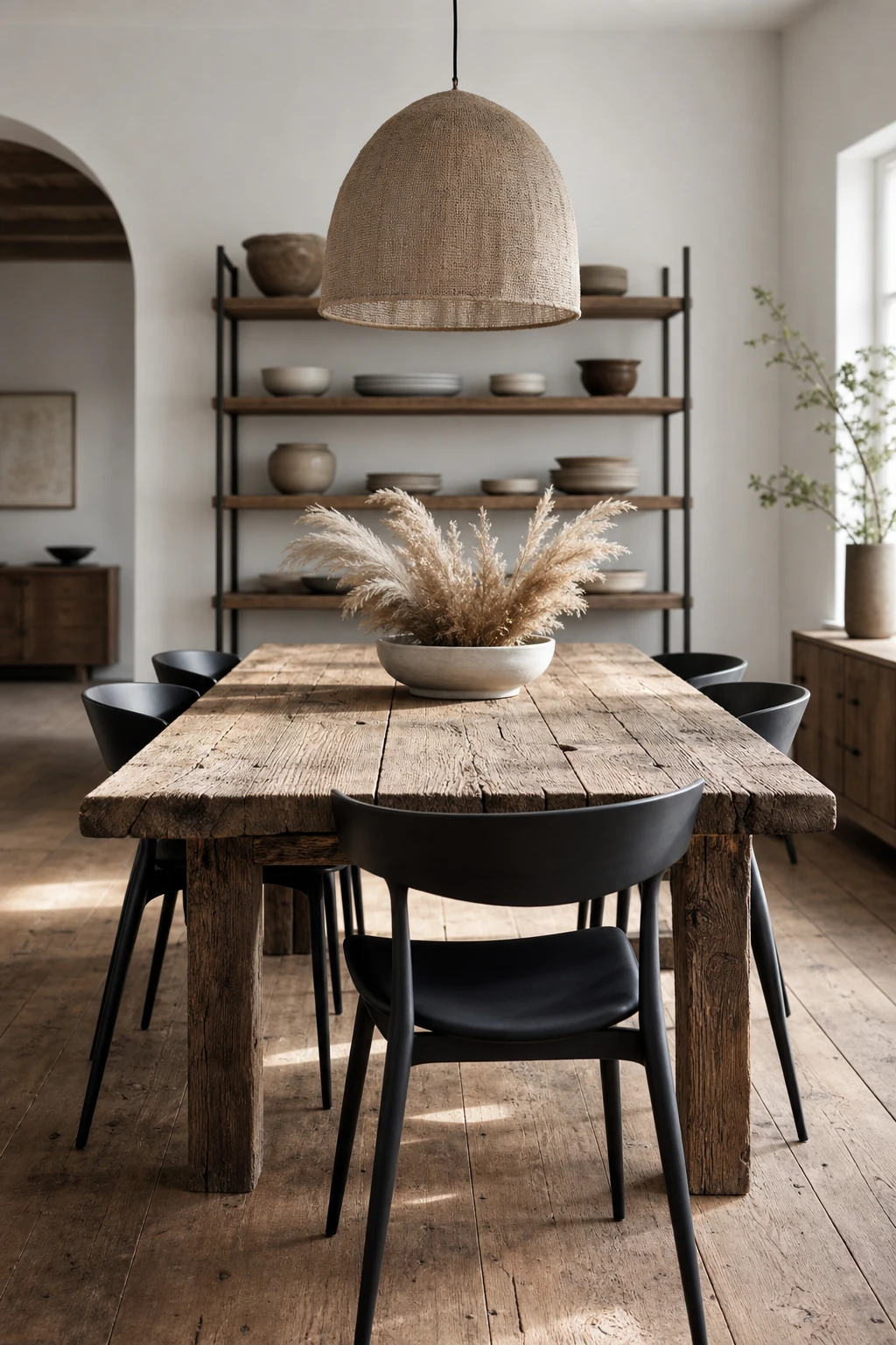 Modern farmhouse dining room with sleek modern chairs at a rough hewn farm table, Farrow and Ball Wevet walls, natural light, linen and oak materials